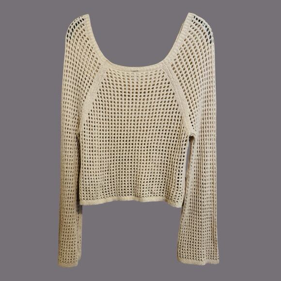 Old Navy Boho Fairy Open Stitch Knit Cropped Boucle Sweater Crochet Ivory M - Picture 2 of 9